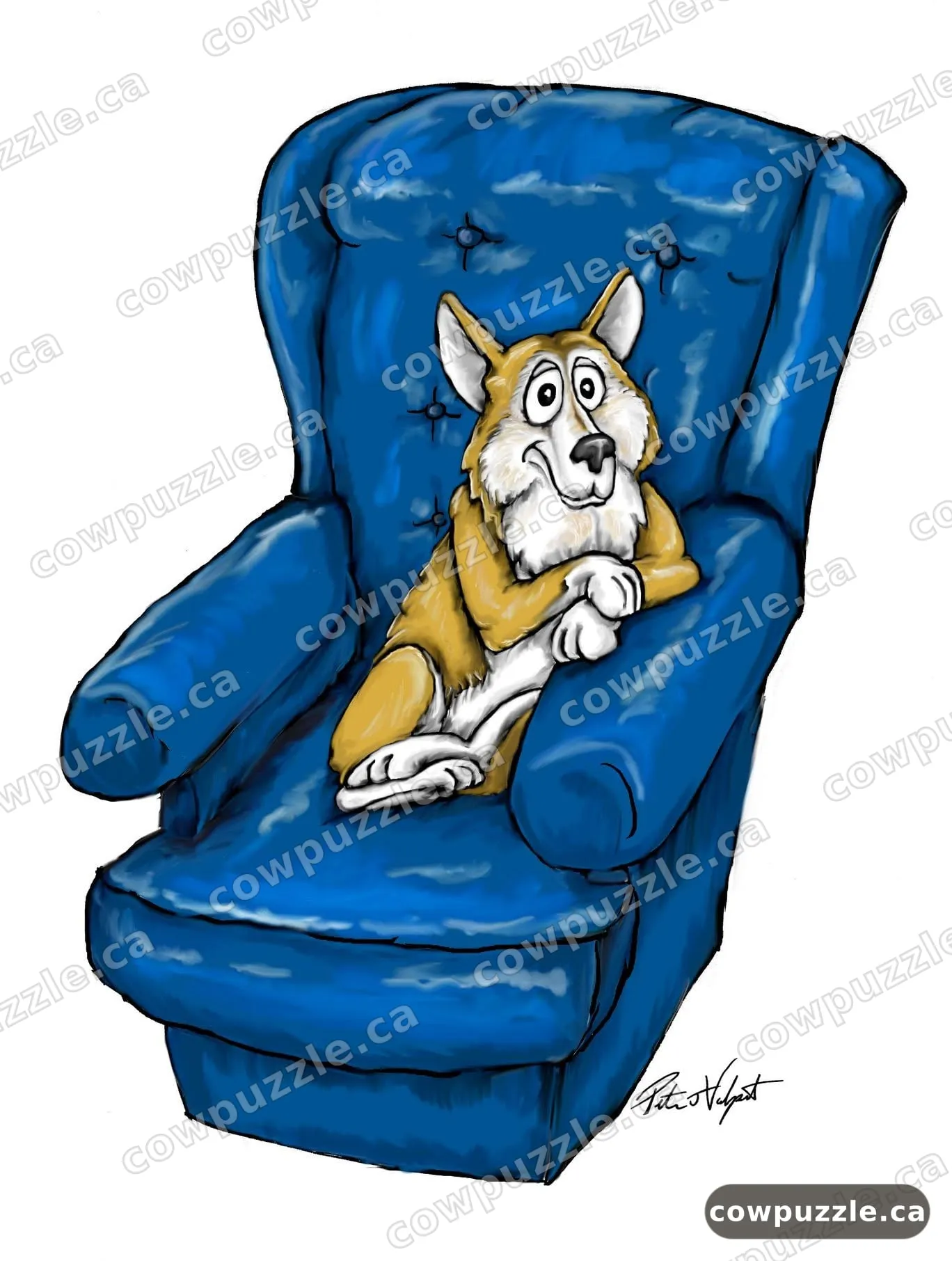 Berton — Berton the corgi, holding court in the big blue chair.