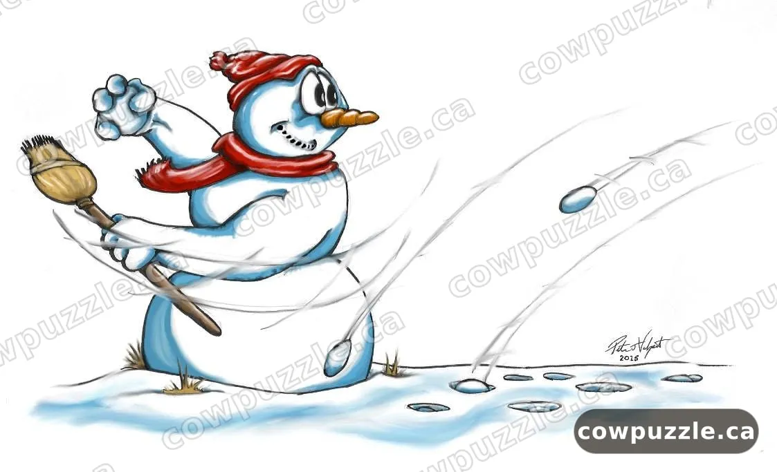 Snowball Fight — This snowman brought a broom to a snowball fight.